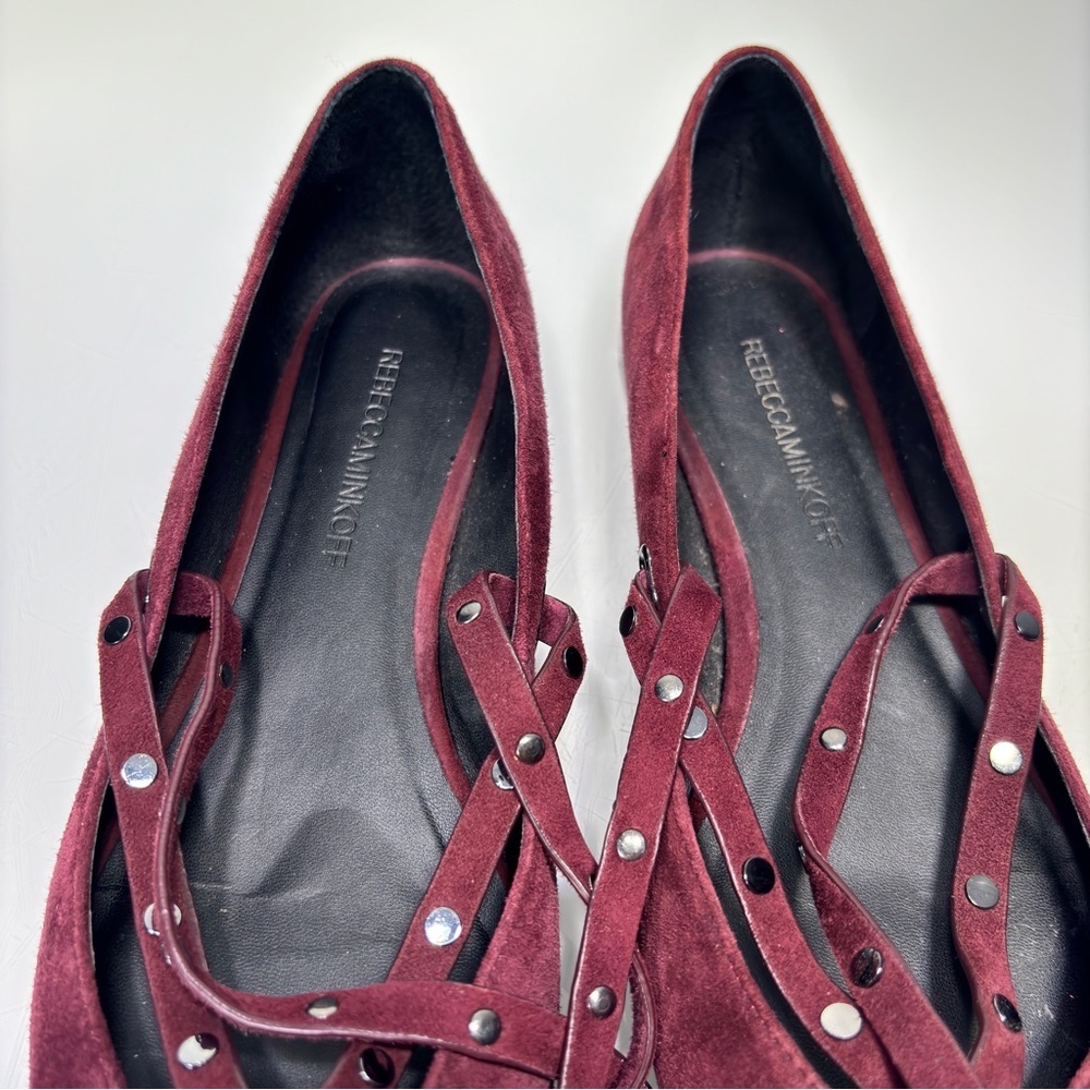Rebecca Minkoff Faye Dark Maroon Suede Studded Straps Pointed‎ Toe Flats Size 8 - Picture 8 of 12